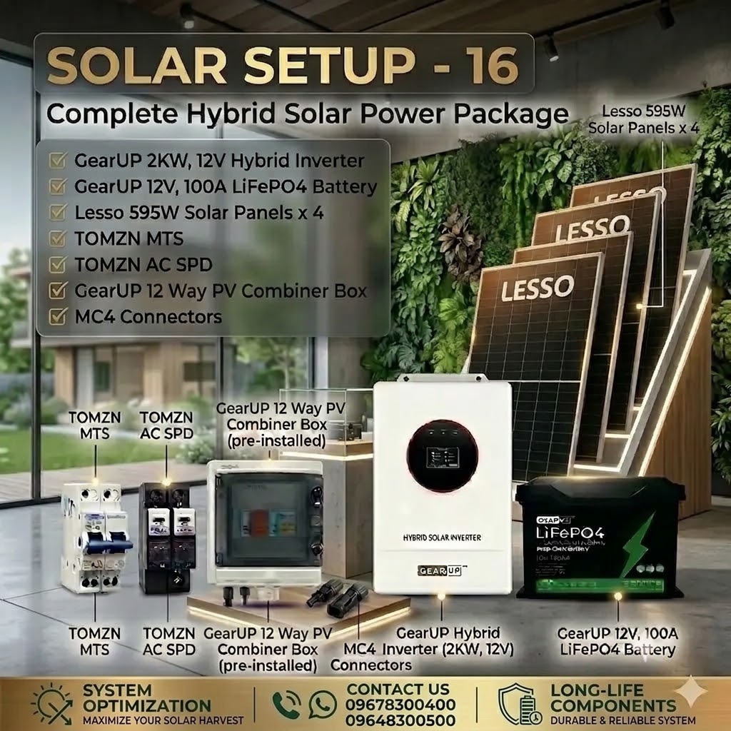 Complete GearUP 2KW Hybrid Solar Power Package | GearUP 2KW Hybrid Inverter &amp; 4 Lesso 595W Panel (Solar Setup - 16)