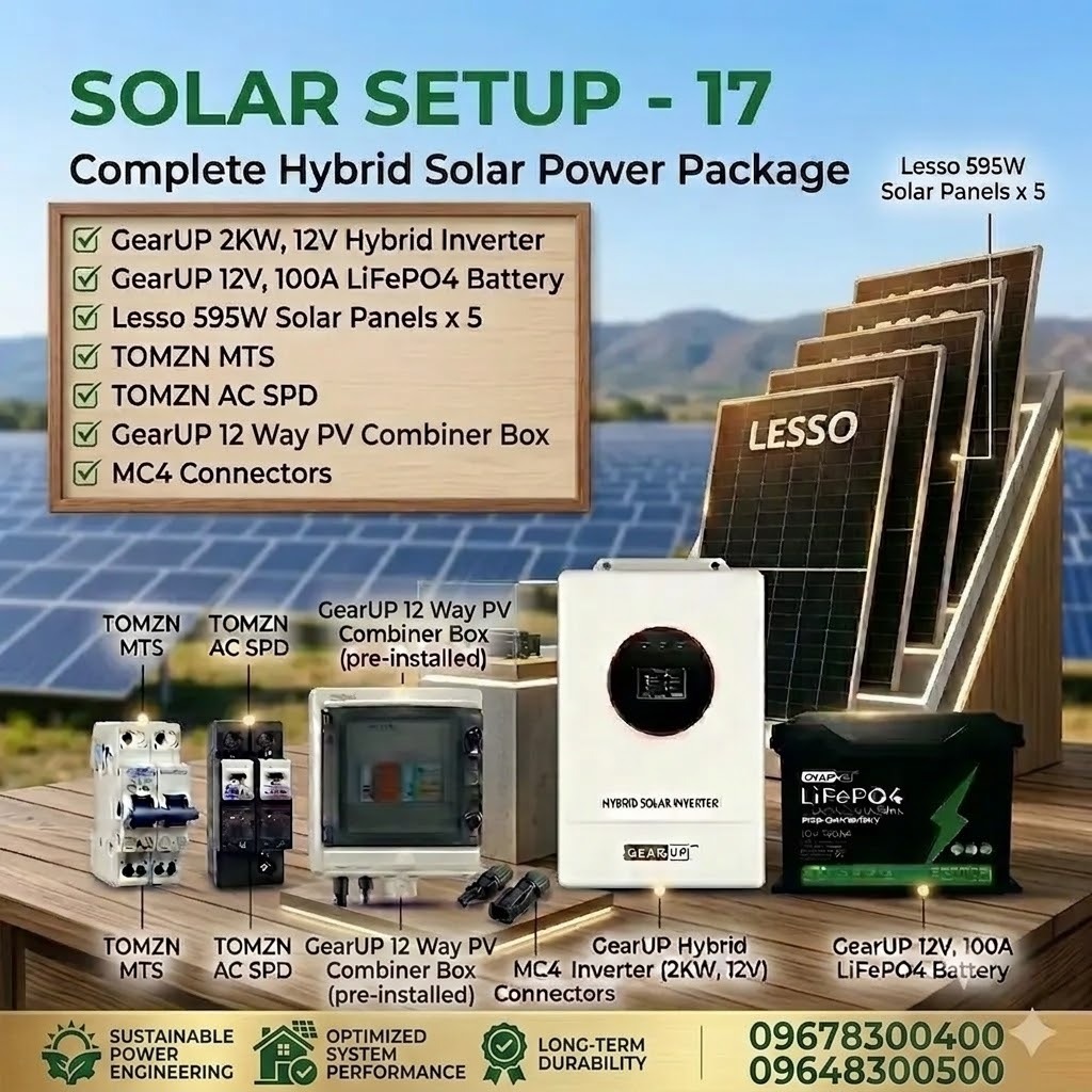GearUP 2KW Hybrid Solar Power Package | GearUP 2KW Hybrid Inverter &amp; 5 Lesso 595W Panel (Solar Setup - 17)