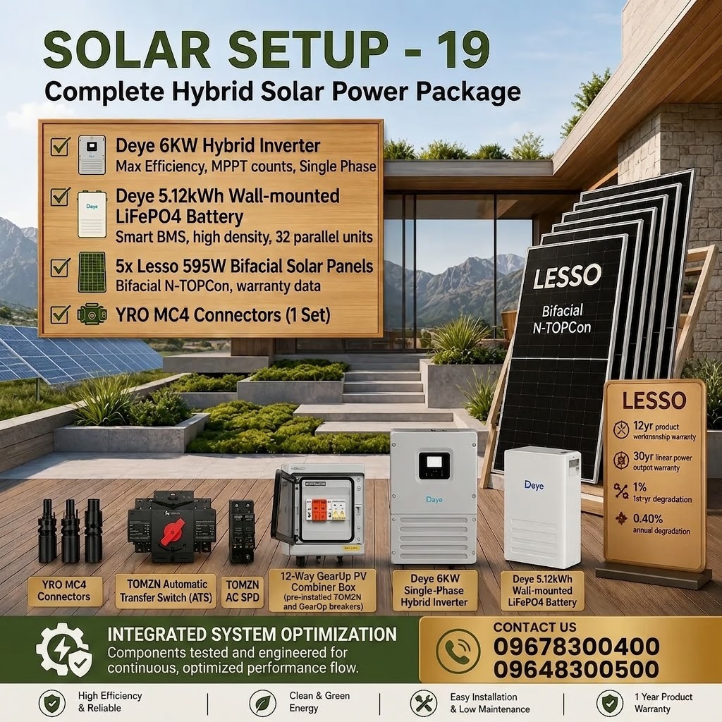 6KW Hybrid Solar Power Package | Deye Inverter with Deye 5KWh Battery &amp; Lesso 595W 5 pcs Panels (Solar Setup - 19)
