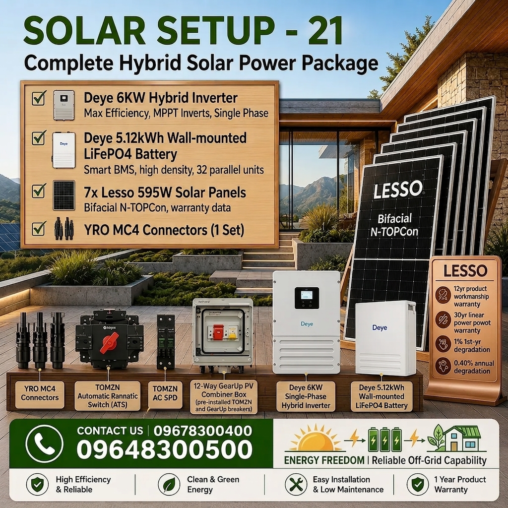 Deye 6KW Hybrid Solar Power Package | Deye 6KW Inverter with Deye 5KWh Battery &amp; Lesso 595W 7 pcs Panels (Solar Setup - 21)