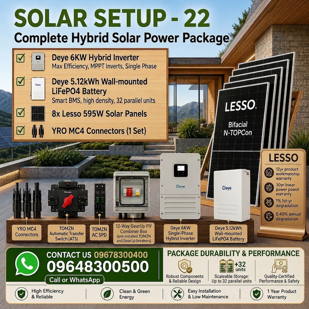 Deye 6KW Hybrid Solar Power Package | Deye 6KW Inverter with Deye 5KWh Battery & Lesso 595W 8 pcs Panels (Solar Setup - 22)
