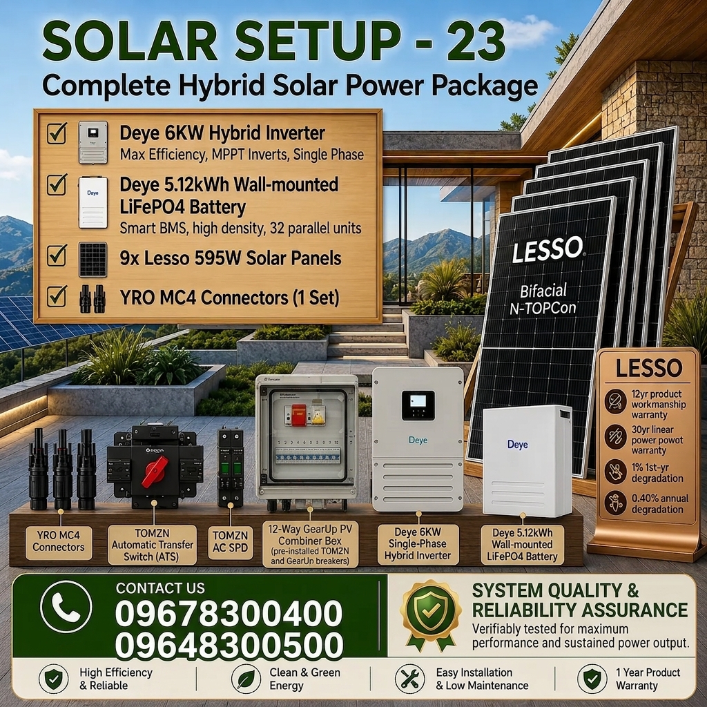 Deye 6KW Hybrid Solar Power Package | Deye 6KW Inverter with Deye 5KWh Battery & Lesso 595W 9 pcs Panels (Solar Setup - 23)