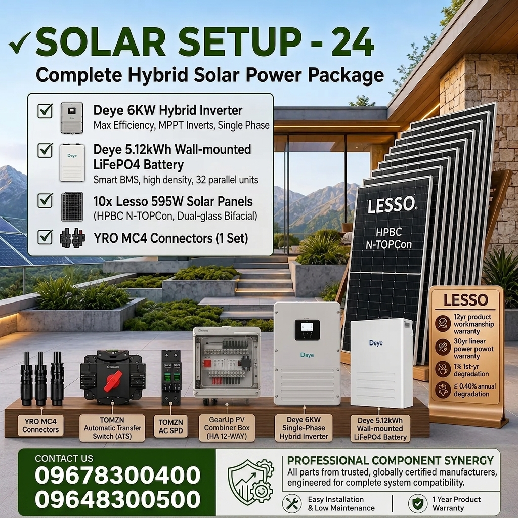 Deye 6KW Hybrid Solar Power Package | Deye 6KW Inverter with Deye 5KWh Battery & Lesso 595W 10 pcs Panels (Solar Setup - 24)