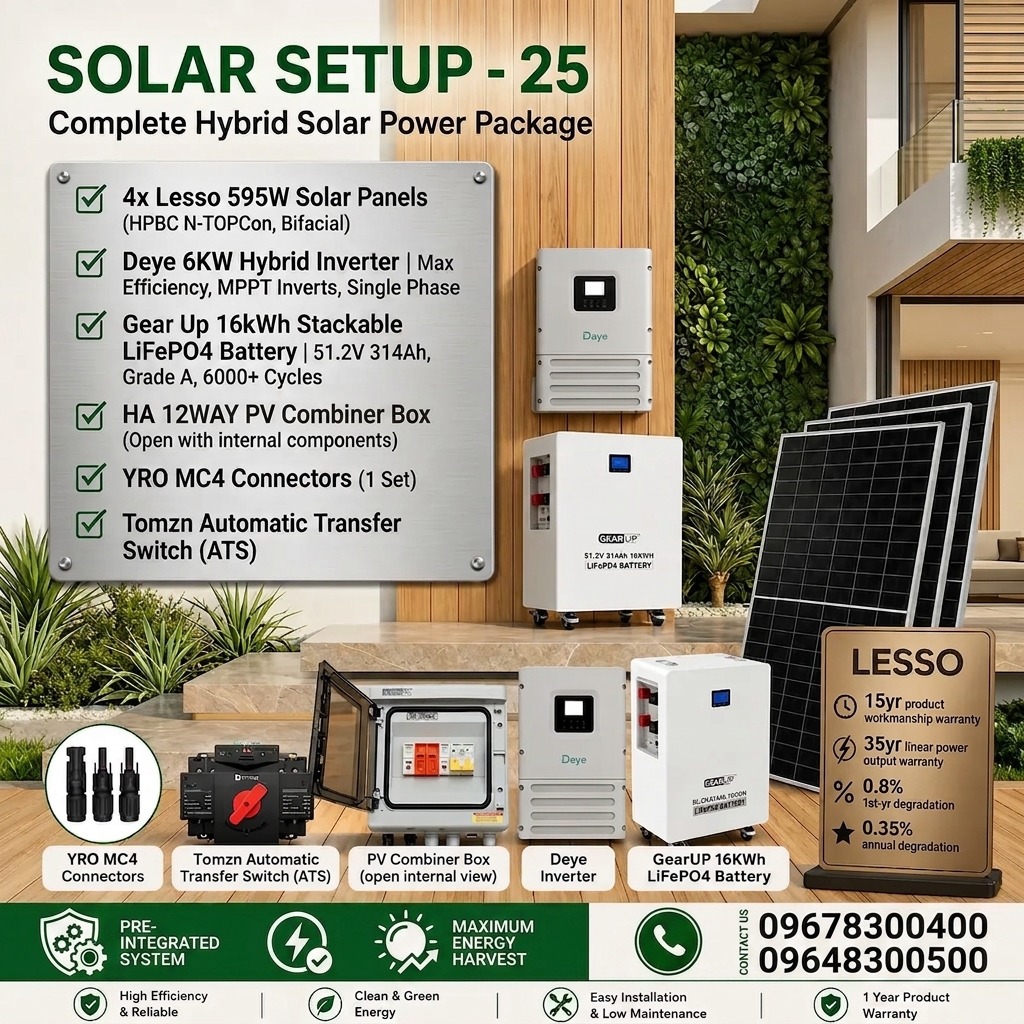 6KW Hybrid Solar Power Package | Deye 6KW Inverter with GearUP 16KWh Battery & Lesso 595W 4 pcs Panels (Solar Setup - 25)