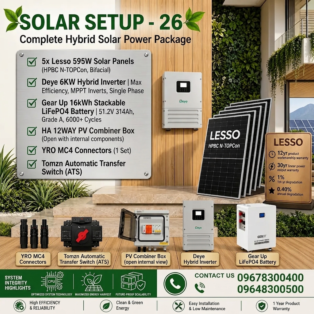 6KW Hybrid Solar Power Package | Deye 6KW Inverter with GearUP 16KWh Battery & Lesso 595W 5 pcs Panels (Solar Setup - 26)
