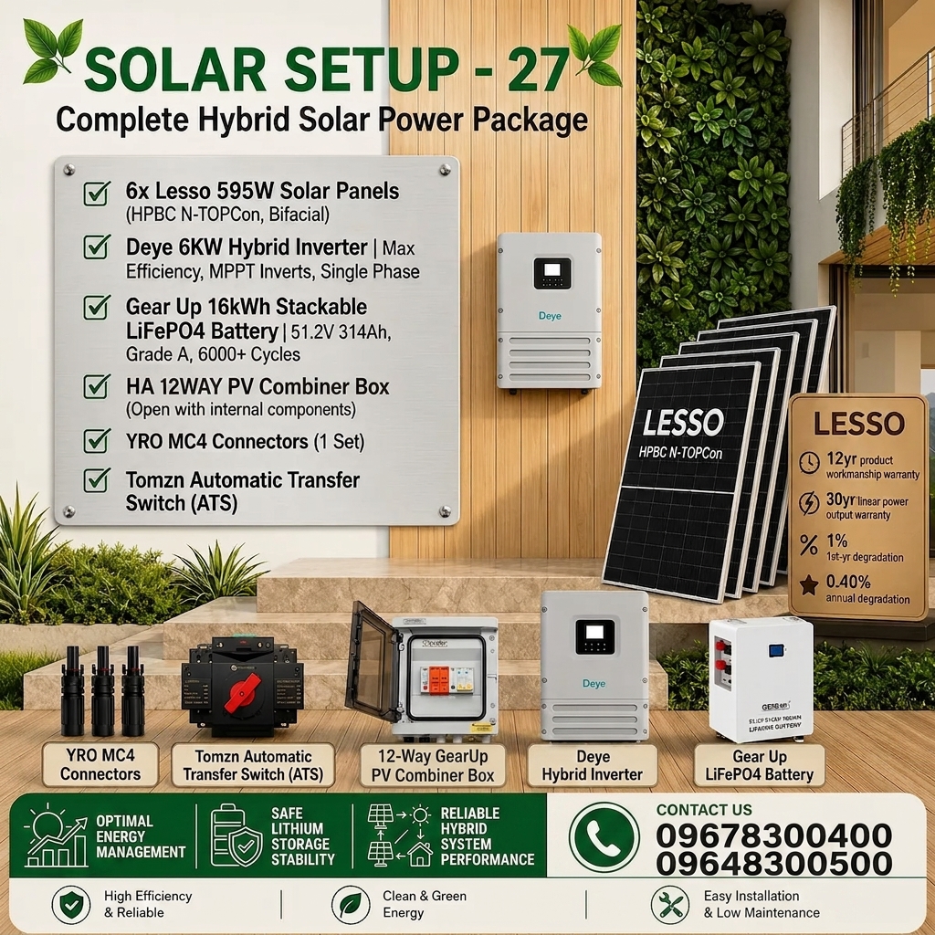 6KW Hybrid Solar Power Package | Deye 6KW Inverter with GearUP 16KWh Battery &amp; Lesso 595W 6 pcs Panels (Solar Setup - 27)