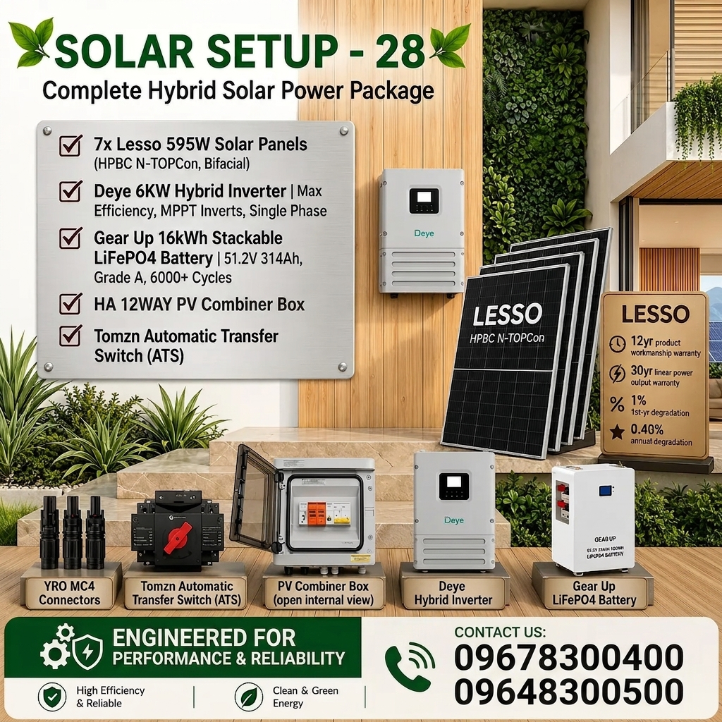6KW Hybrid Solar Power Package | Deye 6KW Inverter with GearUP 16KWh Battery & Lesso 595W 7 pcs Panels (Solar Setup - 28)