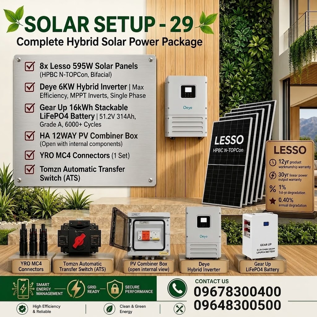 6KW Hybrid Solar Power Package | Deye 6KW Inverter with GearUP 16KWh Battery &amp; Lesso 595W 8 pcs Panels (Solar Setup - 29)