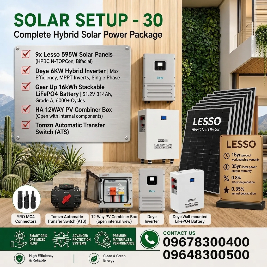 6KW Hybrid Solar Power Package | Deye 6KW Inverter with GearUP 16KWh Battery &amp; Lesso 595W 9 pcs Panels (Solar Setup - 30)