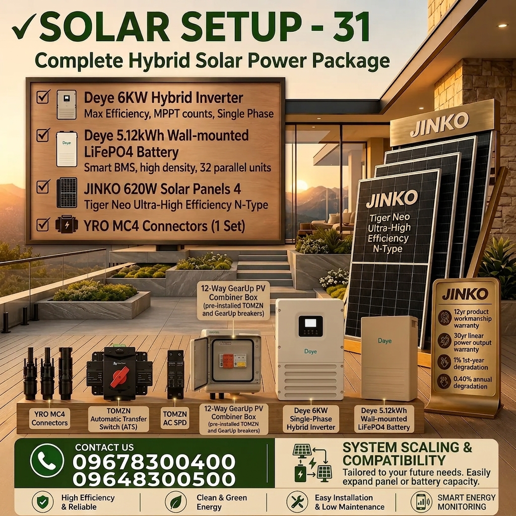 Deye 6KW Hybrid Solar Power Package | Deye 6KW Inverter with Deye 5KWh Battery & Jinko 620W 4 pcs Panels (Solar Setup - 31)
