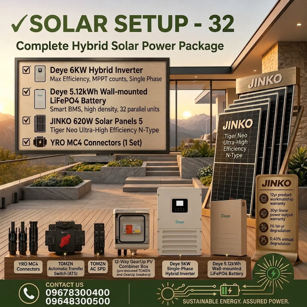 6KW Hybrid Solar Power Package | Deye 6KW Inverter with Deye 5KWh Battery &amp; Jinko 620W 5 pcs Panels (Solar Setup - 32)