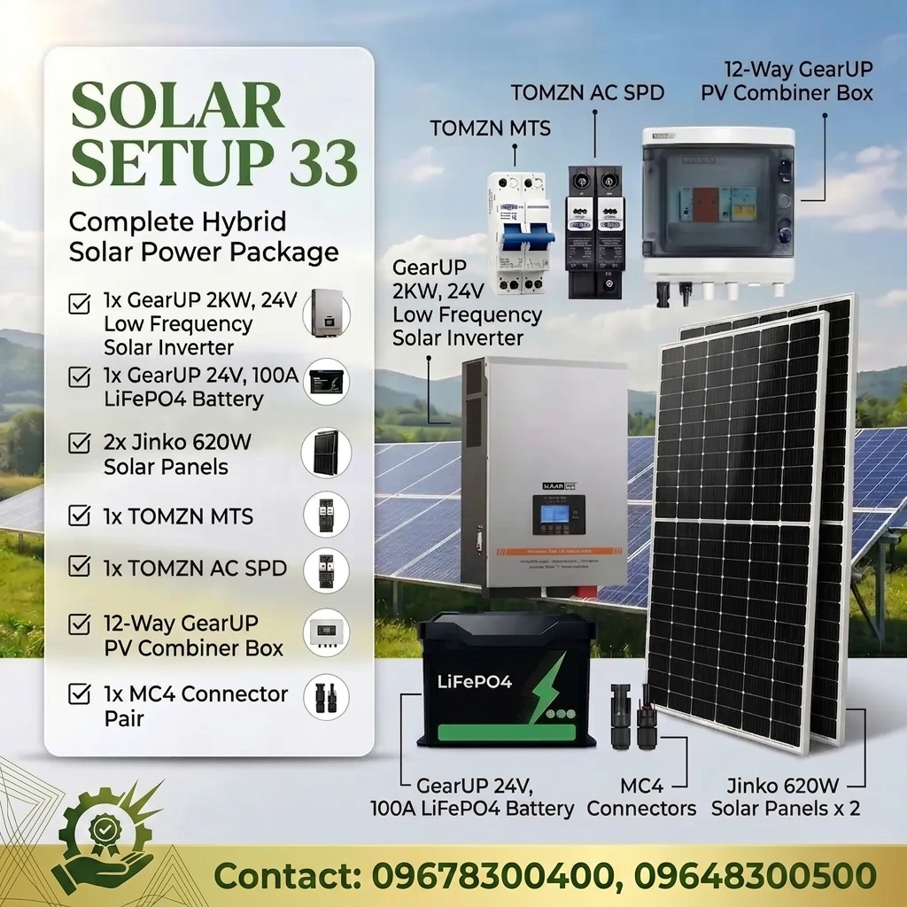 GearUP Solar Package 2KW 24V Low Frequency Solar Inverter + 24V, 100Ah Lithium Battery + Jinko 1240W Panel and more ( Solar Setup - 33)