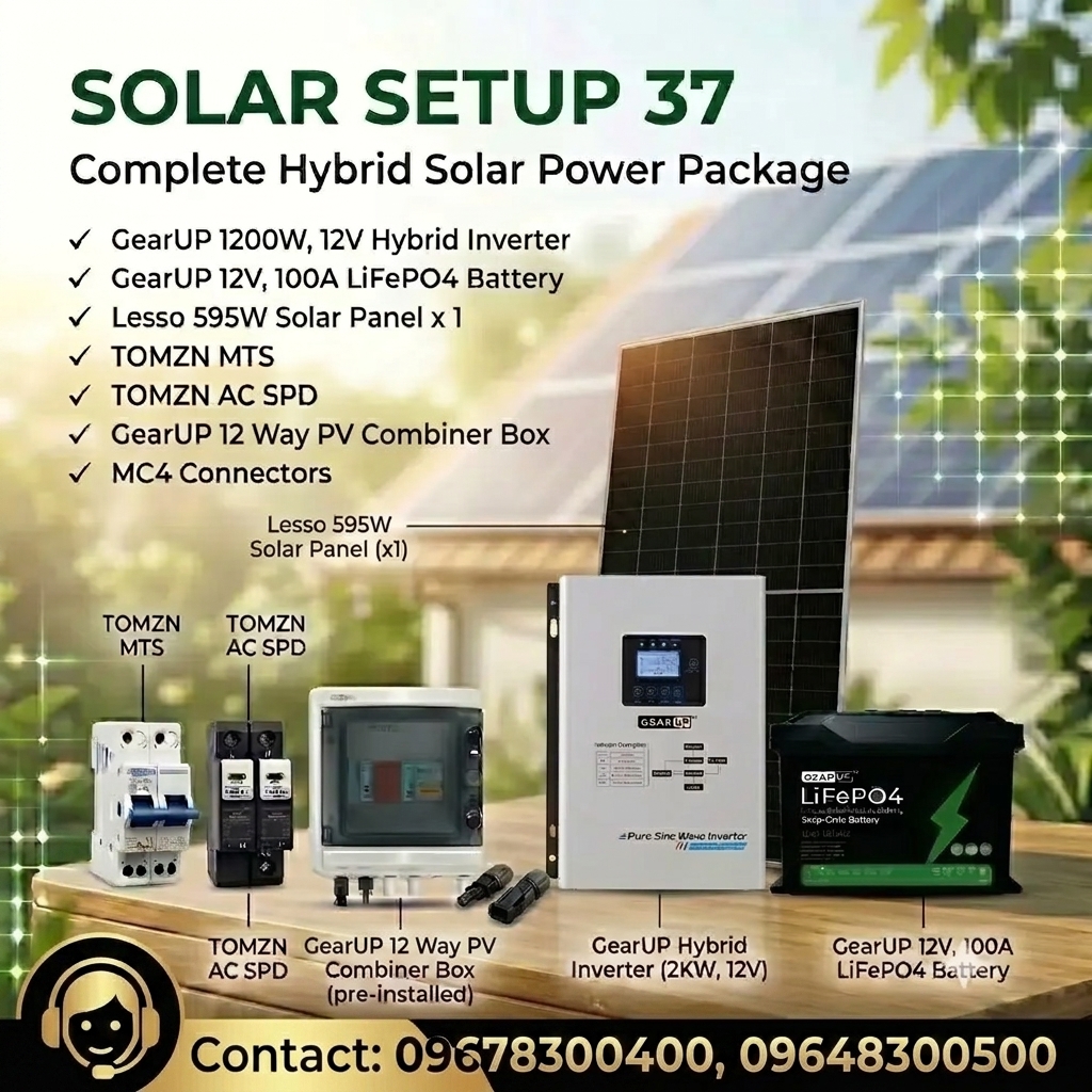 GearUP Low Frequency 1200W Solar Power Package | GearUP 1200W 12V Inverter, 12V 100Ah LiFePO4 Battery &amp; 1x Lesso 595W Panels ( Solar Setup - 37)