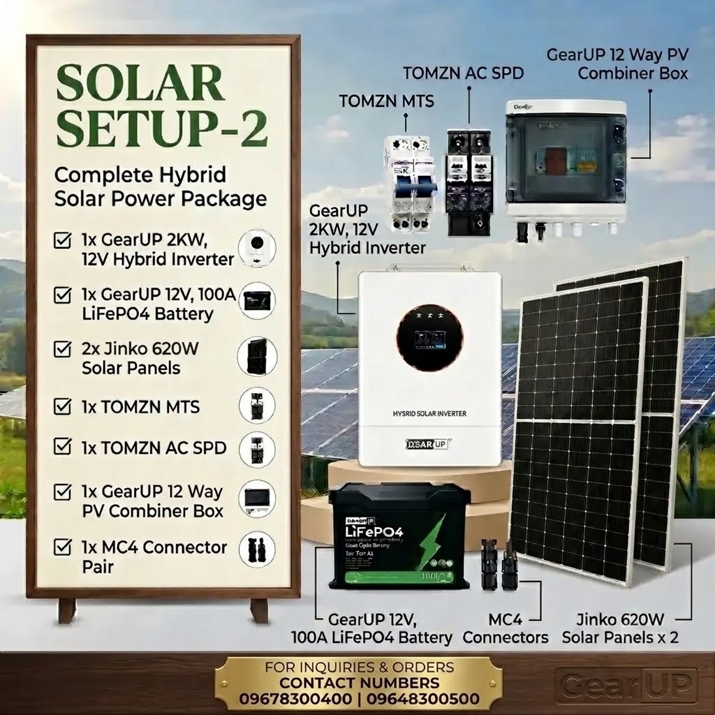 GearUP 2KW Hybrid Solar Power Package | GearUP 2KW Hybrid Solar Inverter, 12V LiFePO4 Battery &amp; 2x Jinko 620W Solar Panel ( Solar Package - 2)