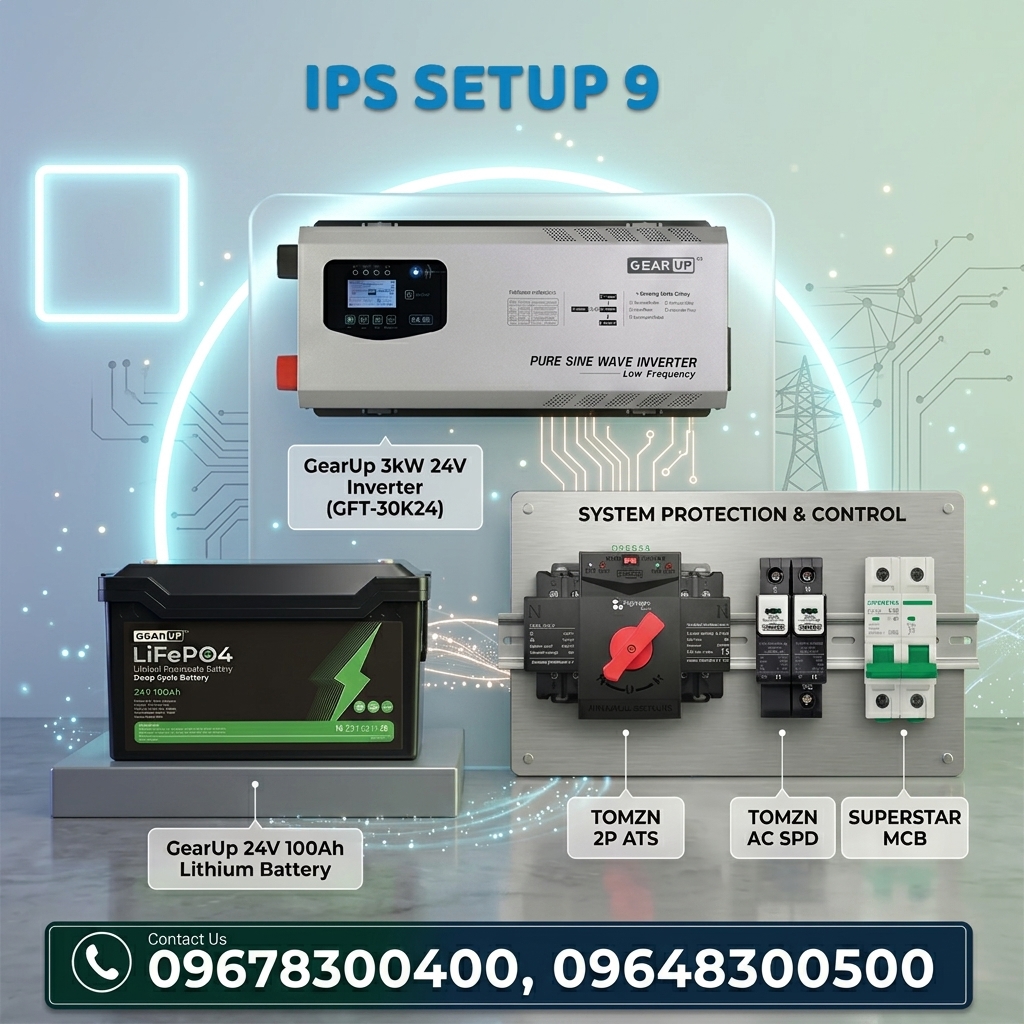 Complete 3kW 24V Home IPS &amp; Battery Backup Kit | GearUp Pure Sine Wave Inverter &amp; 24V 100Ah LiFePO4 Battery ( IPS Setup-9)