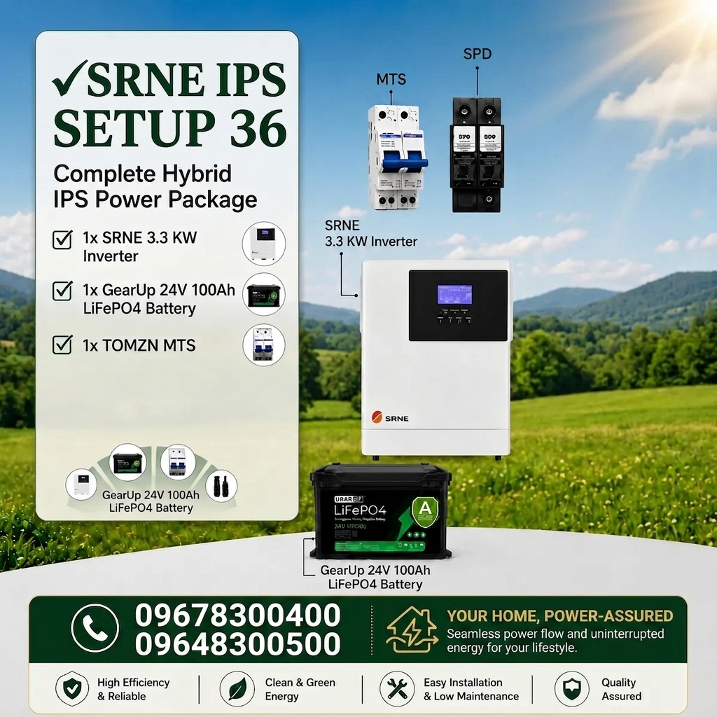 SRNE 3.3KW IPS SETUP | SRNE 3.3KW Inverter, GearUP 24V LiFePO4 Battery (IPS Setup - 36) (Pre-Order)