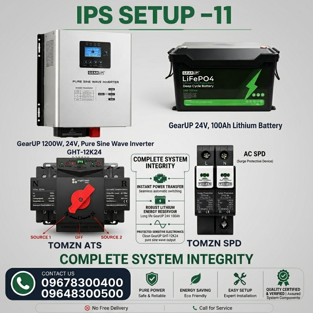 GearUP 1200W 24V IPS Setup | 24V Pure Sine Wave Inverter + 24V 100Ah LiFePO4 Battery Bundle with ATS &amp; SPD with ( IPS Setup 11)