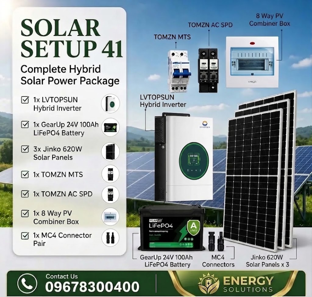LVTOPSUN 4KW 24V Hybrid Solar Power Package | LVTOPSUN 4KW Inverter, GearUp 24V 100Ah LiFePO4 Battery &amp; 3 Jinko 620W Panels ( Solar Setup - 41)