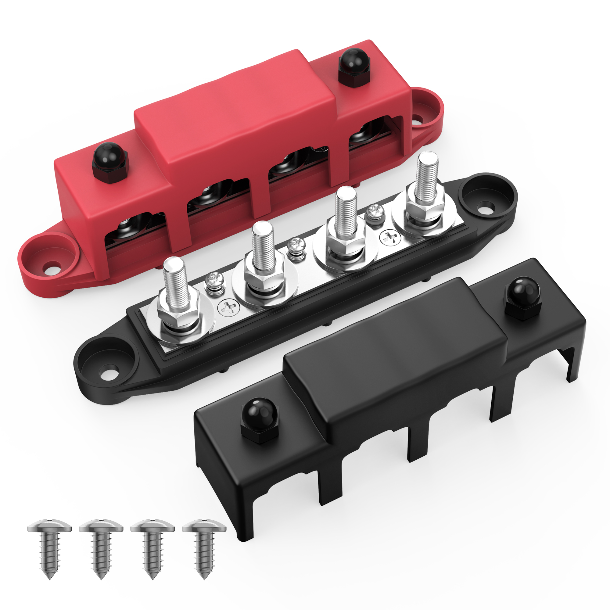 GearUP DC Busbar for Solar Batteries - 250A 4 Way Bus Bar Power Distribution with H58 Brass Bar and M8 Stainless Steel Bolts