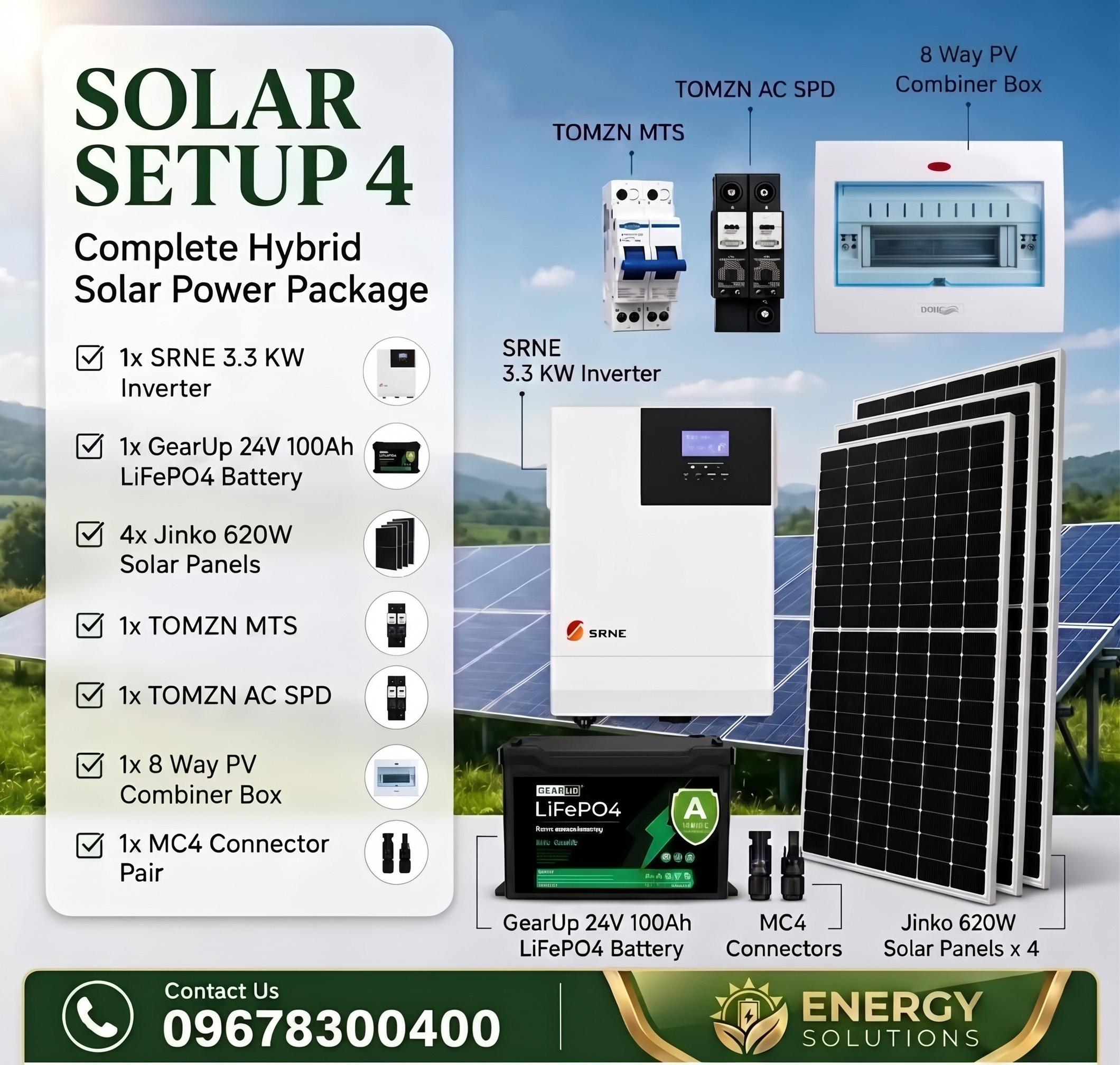 SRNE 3.3KW Hybrid Solar Power Package | SRNE 3.3KW Inverter, GearUp 24V 100Ah LiFePO4 Battery &amp; 4 Jinko 620W Panels Solar Setup - 4 (Pre-Order)
