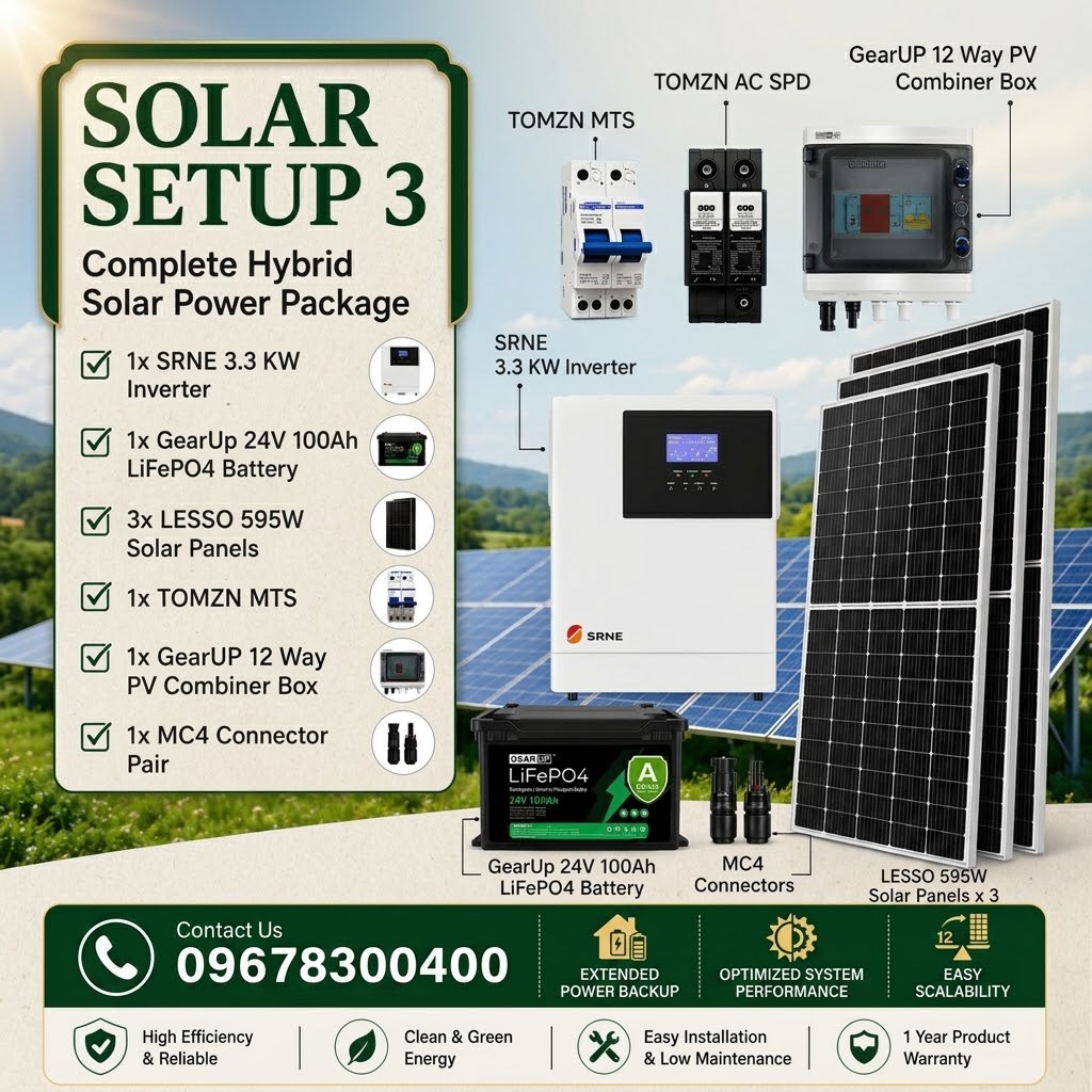 SRNE 3.3KW Hybrid Solar Power Package | SRNE 3.3KW Inverter, GearUp 24V 100Ah LiFePO4 Battery & 4 Lesso 595W Panels  ( Solar Setup - 3)  (Pre-Order)