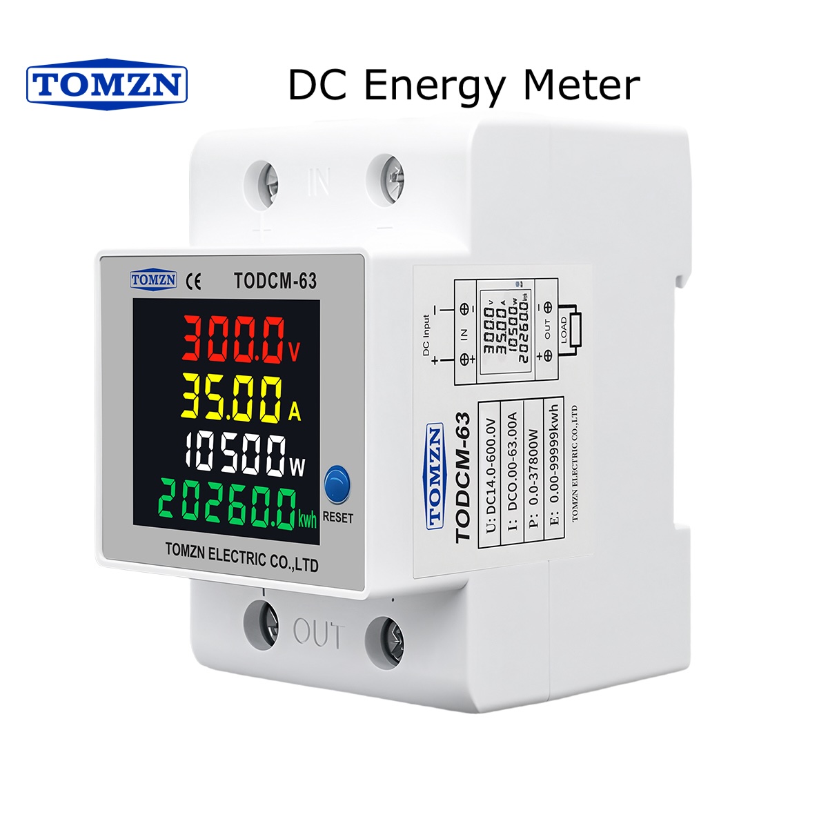 DC Energy Meter - Solar PV Power Monitor, 14-600V, 63A, DIN Rail Voltmeter, Ammeter, Wattmeter, 4 in 1 Digital Meter  (TOMZN TODCM-63 4-IN-1 DC Multifunctional Meter)