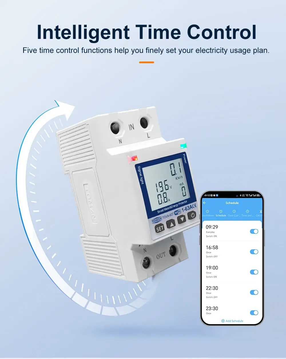 TOMZN TOVA-63T WIFI Circuit Breaker 63A Energy Meter, Timer, Voltage, Current Leakage Protection - Smartlife, TUYA App Support