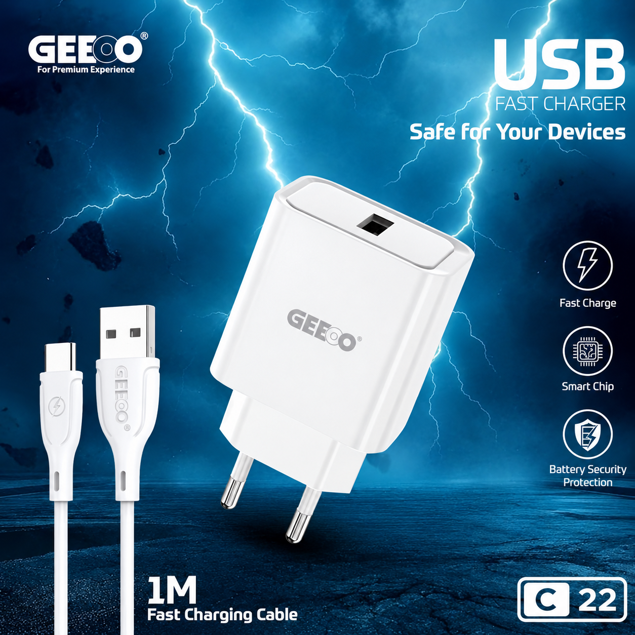 GEEOO C22 22.5W Super Fast Type-C Charger Set with 6A Fast Charging Cable