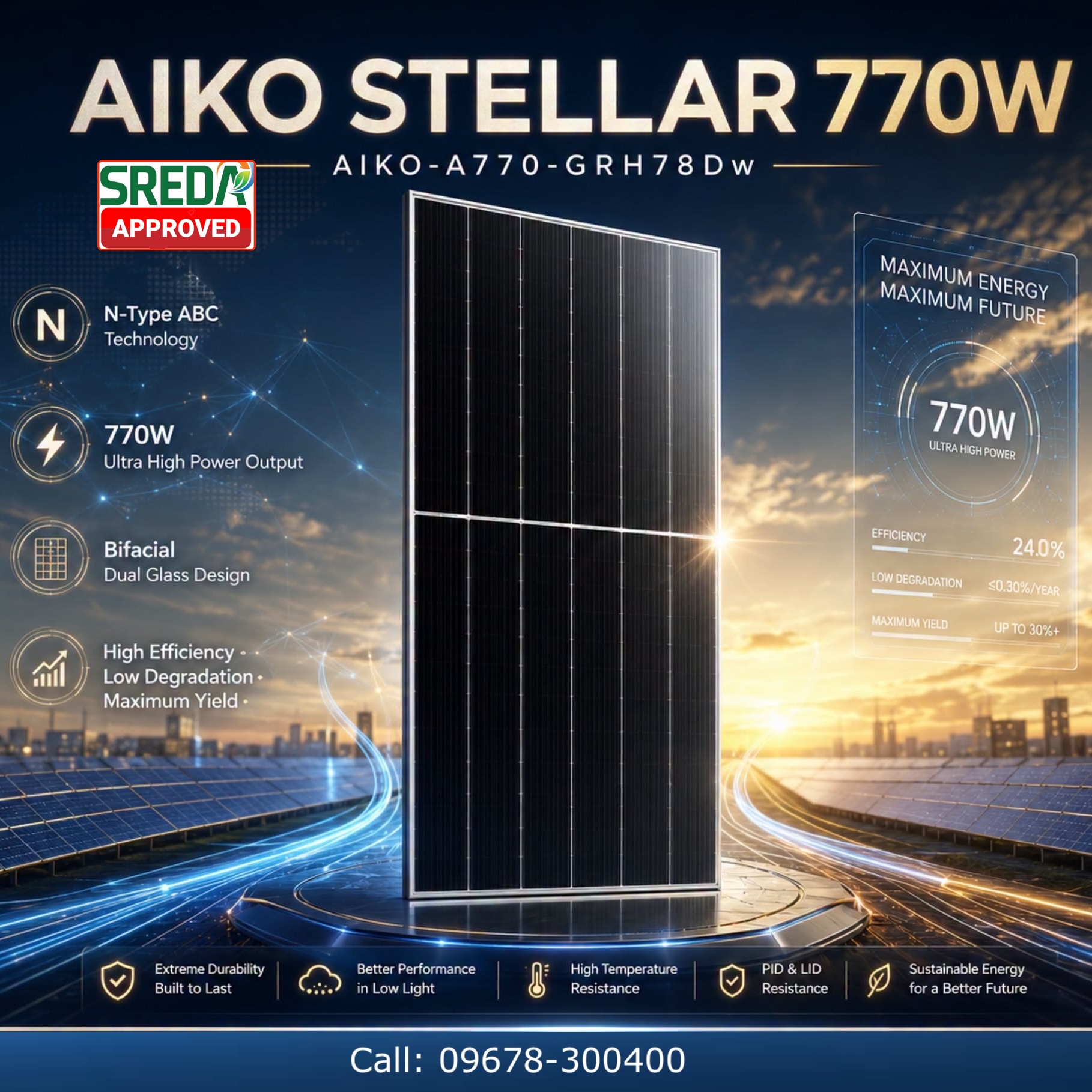 AIKO 770W Stellar Dual-Glass Bifacial N-type ABC Solar Panel with Partial Shading Optimization - ( A770-GRH78DW )
