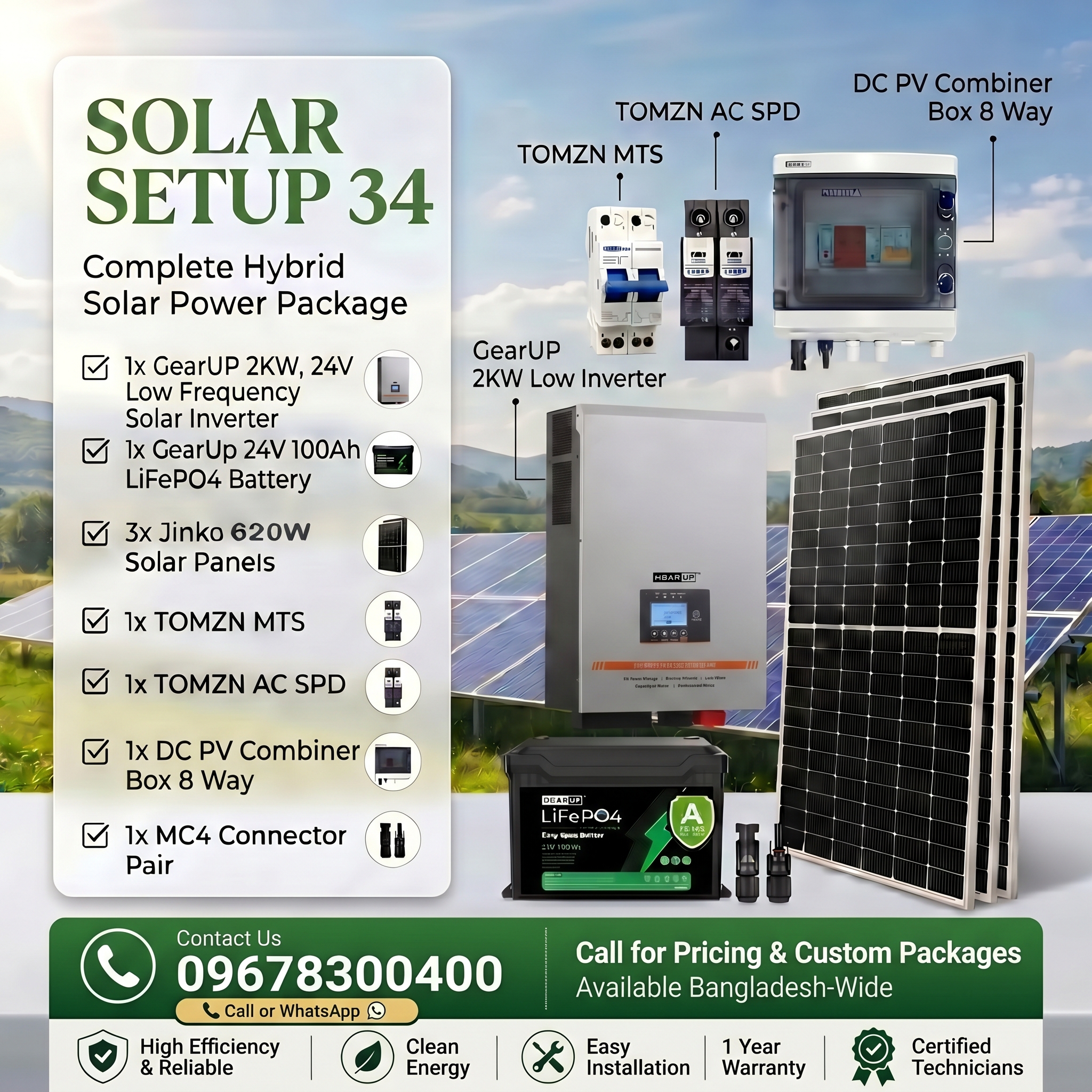 GearUP 2KW 24V Low Frequency Solar Inverter + 24V, 100Ah Lithium Battery + Jinko 1860W Solar Panel and more  ( Solar Setup - 34)