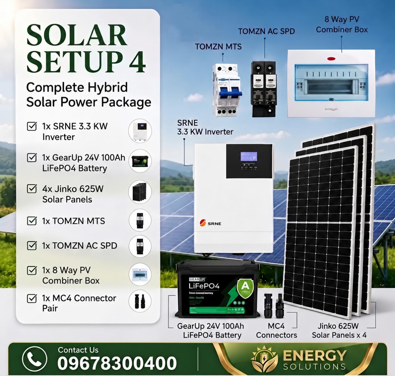 SRNE 3.3KW Hybrid Solar Power Package | SRNE 3.3KW Inverter, GearUp 24V 100Ah LiFePO4 Battery & 4 Jinko 625W Panels Solar Setup - 4