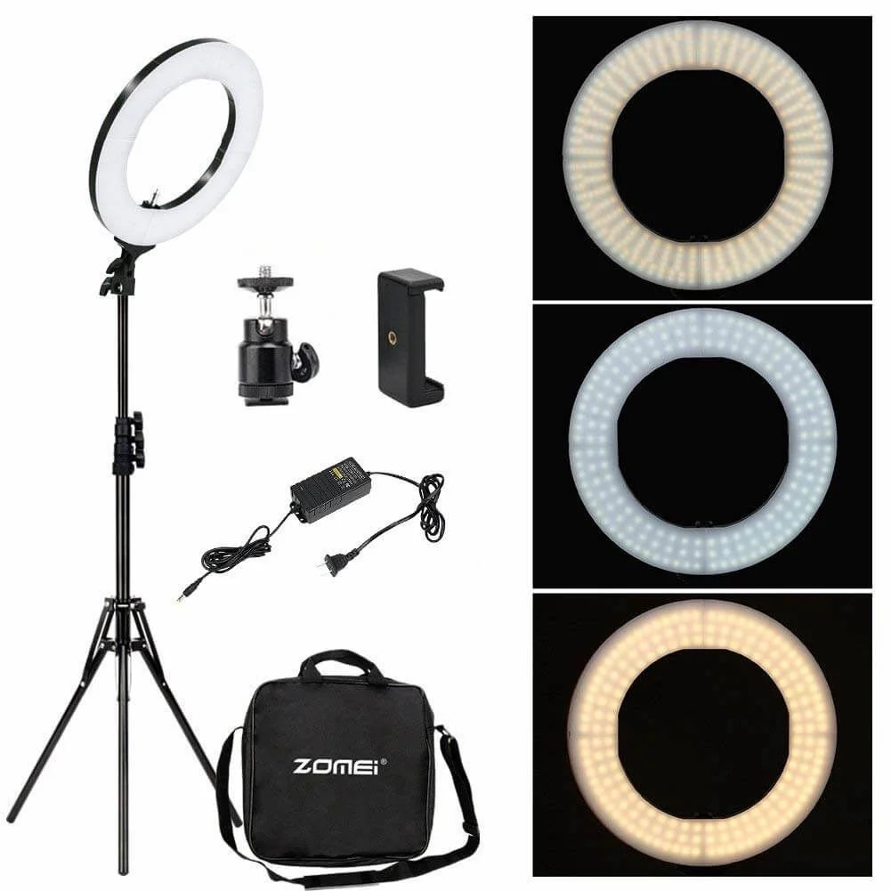 Zomei Premium LED Ring Light 46cm (18-inch), 50W, 3200-5500K White Color &amp; Temperature Control Full Set with Stand and Carry Bag