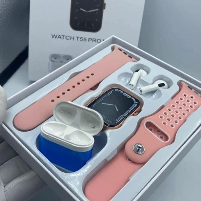 T55 Pro Max Smart Watch with Earbuds &amp; Double Strap-Pink