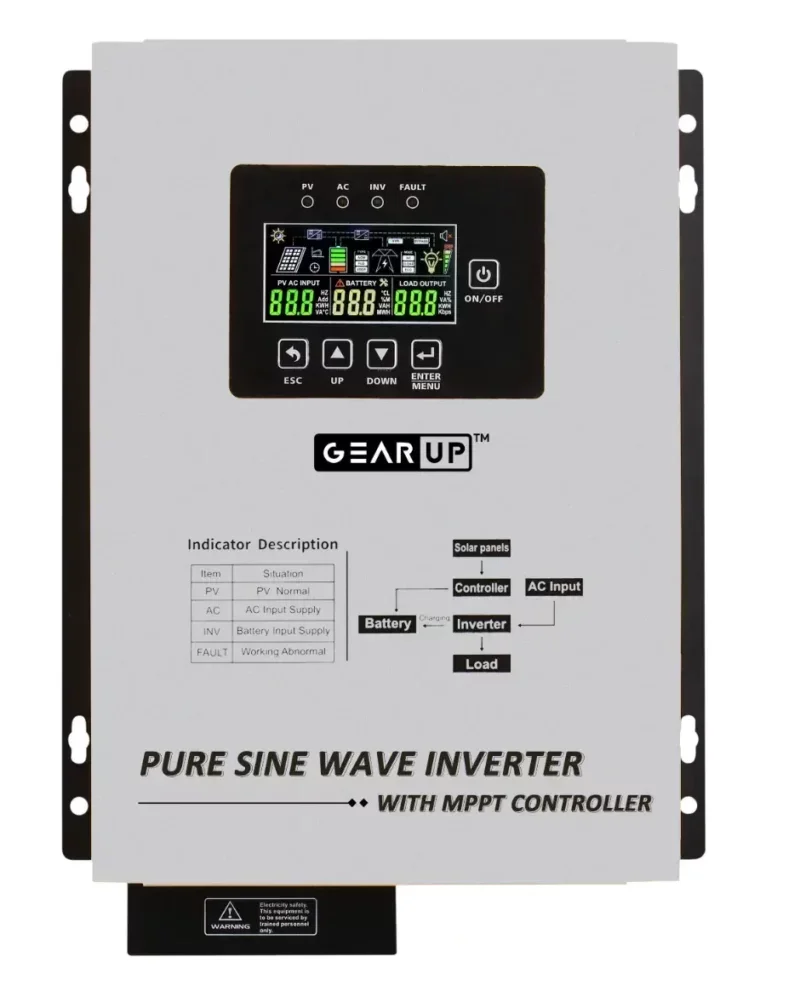 GearUP 1200W, 12V, Pure Sine Wave Solar Inverter With 40A MPPT Charge Controller (Lithium &amp; Acid Battery Supported) - GHT-12K12 Plus