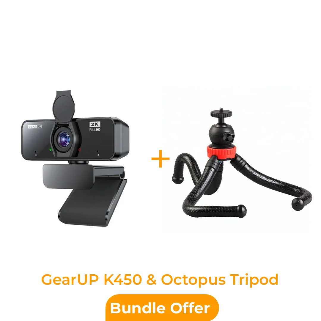 Face Cam Video Set-up Combo Offer!! GearUP K450  2K 4.0MP HD USB Webcam + Free!! Octopus Tripod with Ball Head