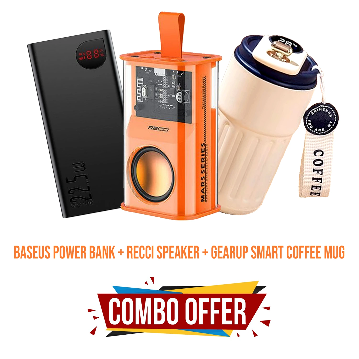 Travel Combo Offer! Baseus 22.5w 20000mAh Power Bank + RECCI RSK-W30 Wireless Speaker + Stainless Steel Smart Coffee Cup