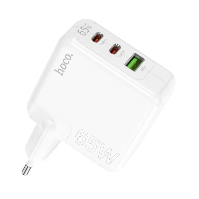 Hoco C115A Fast Type C Charging Adapter 65W 3 Port (2 type-C + USB Port)  White Color
