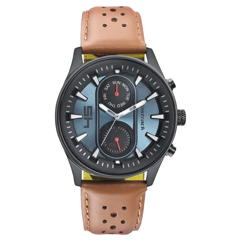 Fastrack Fastfit NS3224NL02 Quartz Analog with Day and Date Blue Dial Leather Strap Watch for Guys