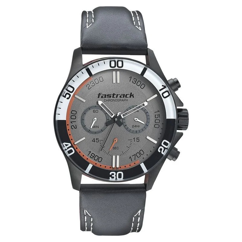 Fastrack Hitlist Quartz Chronograph Grey Dial Leather Strap Watch for Guys (NS3072NL01)