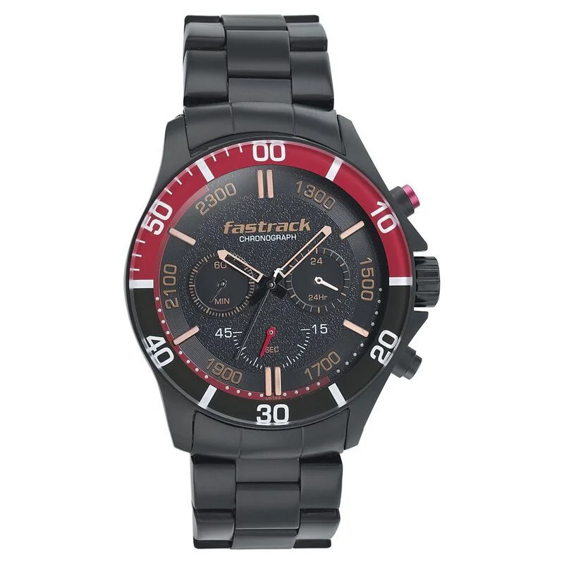 Fastrack Hitlist Quartz Chronograph Black Dial Stainless Steel Strap Watch for Guys (NS3072NM01)
