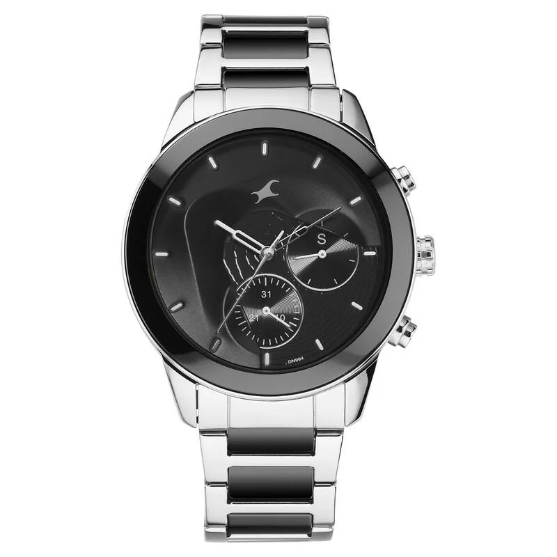 Fastrack 3304KD01 Cerame Quartz Multifunction Black Dial Steel &amp; Ceramic Strap Watch
