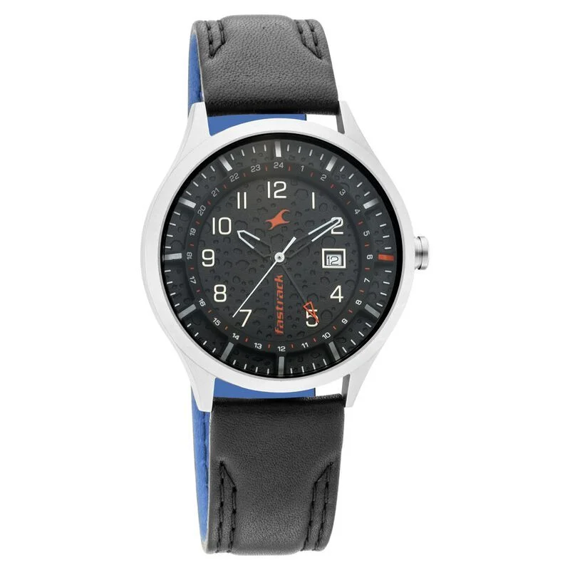 Fastrack NN3205TL02 Titanium Quartz Analog Date Black Dial Leather Strap Watch