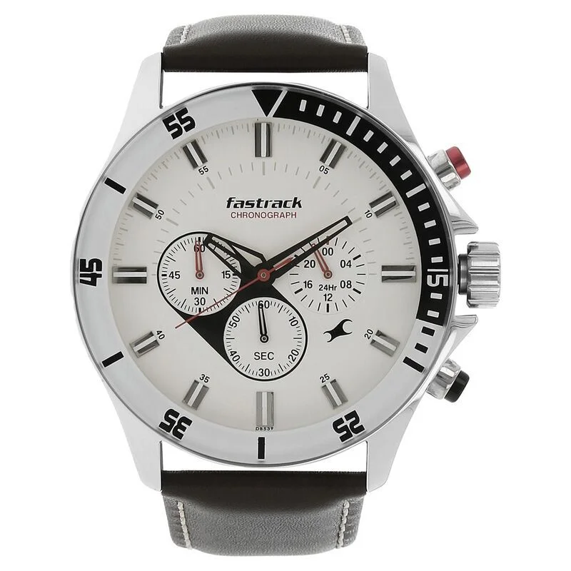Fastrack NS3072SL01 Big Time Quartz Chronograph White Dial Leather Strap Watch for Guys