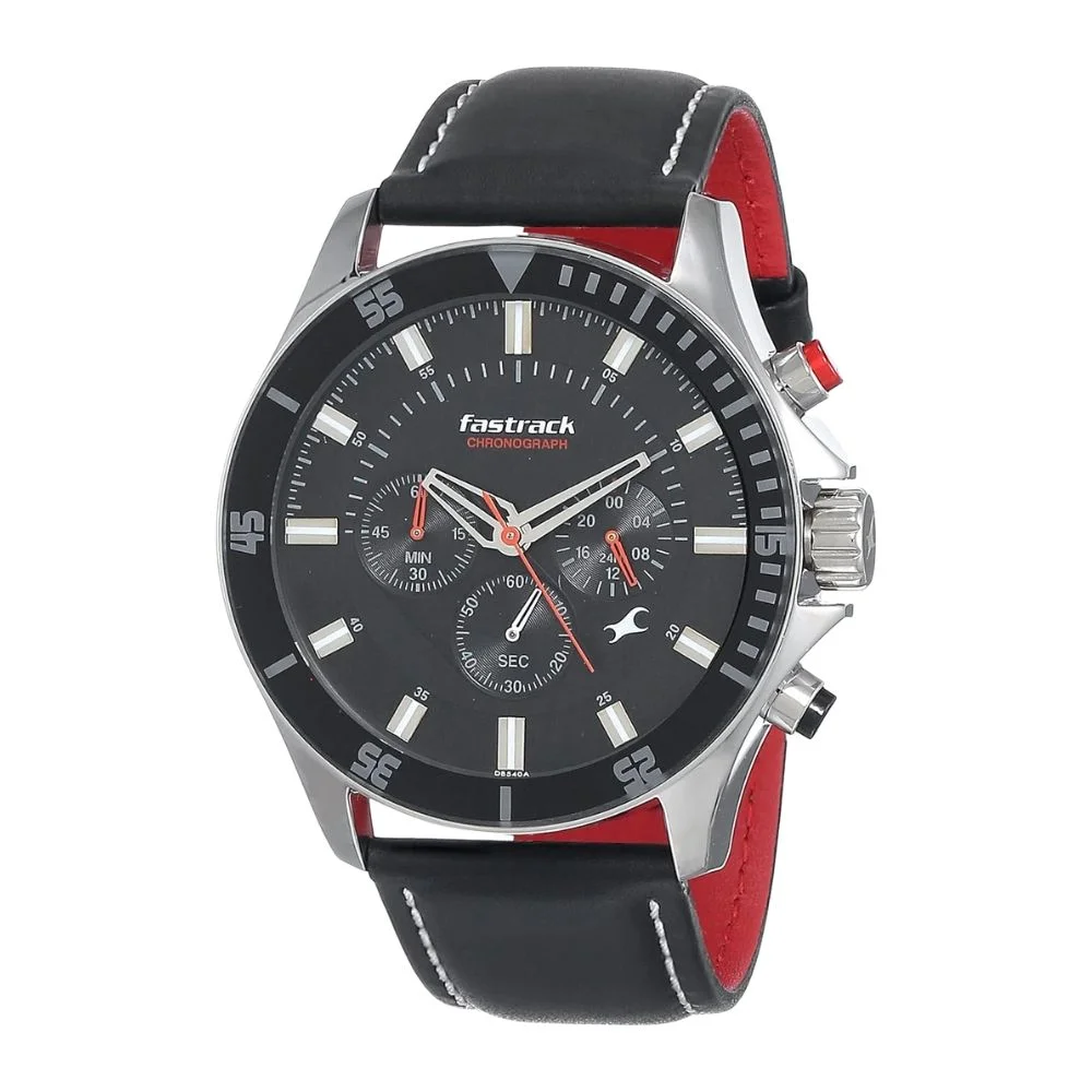Fastrack Big Time Quartz Chronograph Black Dial Leather Strap Watch for Guys (NP3072SL02)