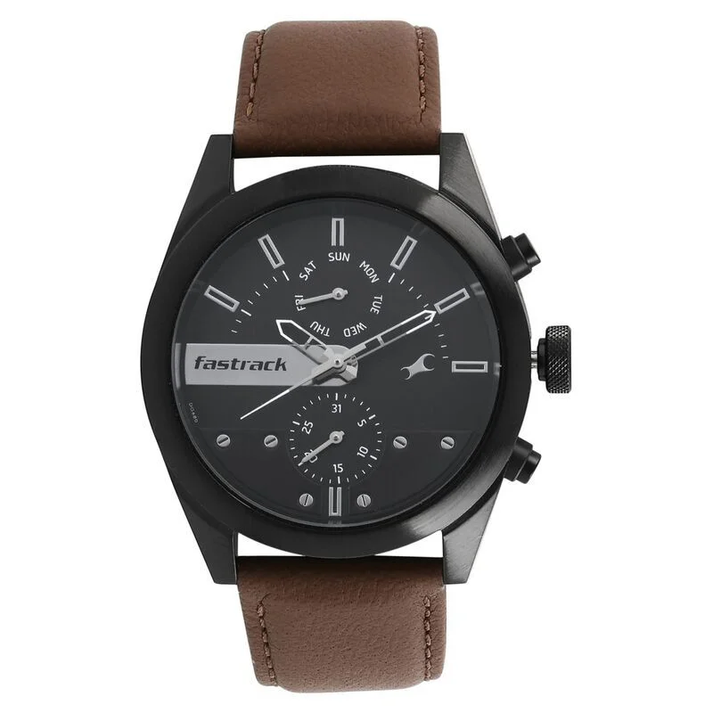 Fastrack All Nighters Quartz Multifunction Black Dial Leather Strap Watch (NS3165NL01)
