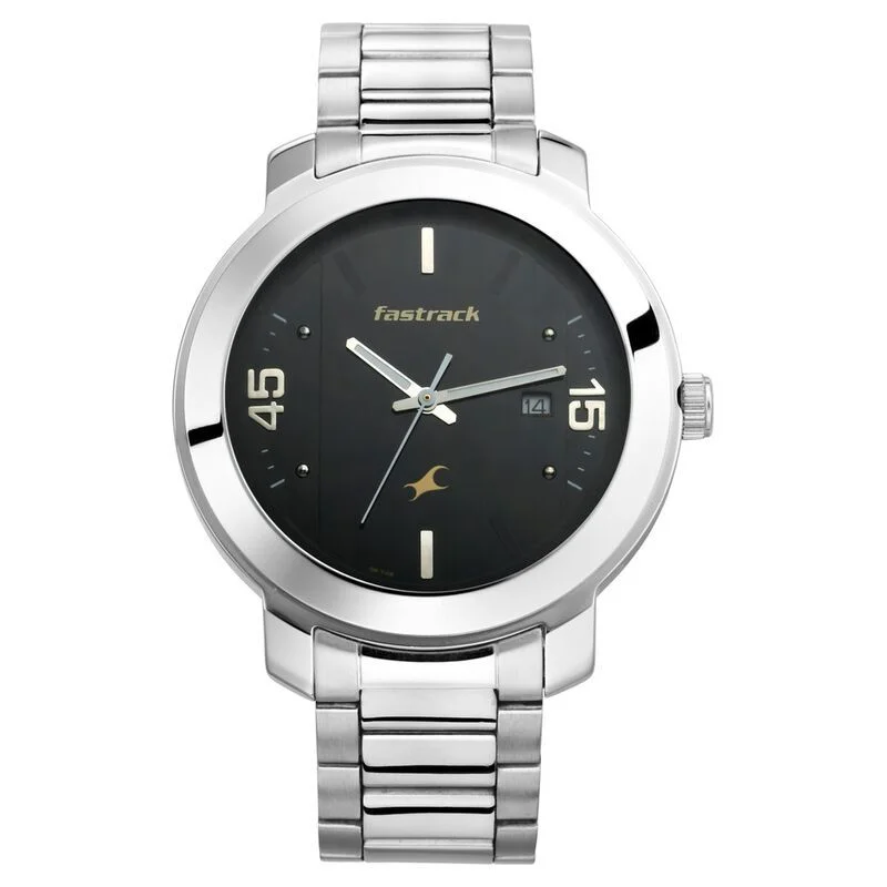 Fastrack NS3246SM02 Bare Basics Quartz Analog Black Dial Stainless Steel Strap Watch for Guys