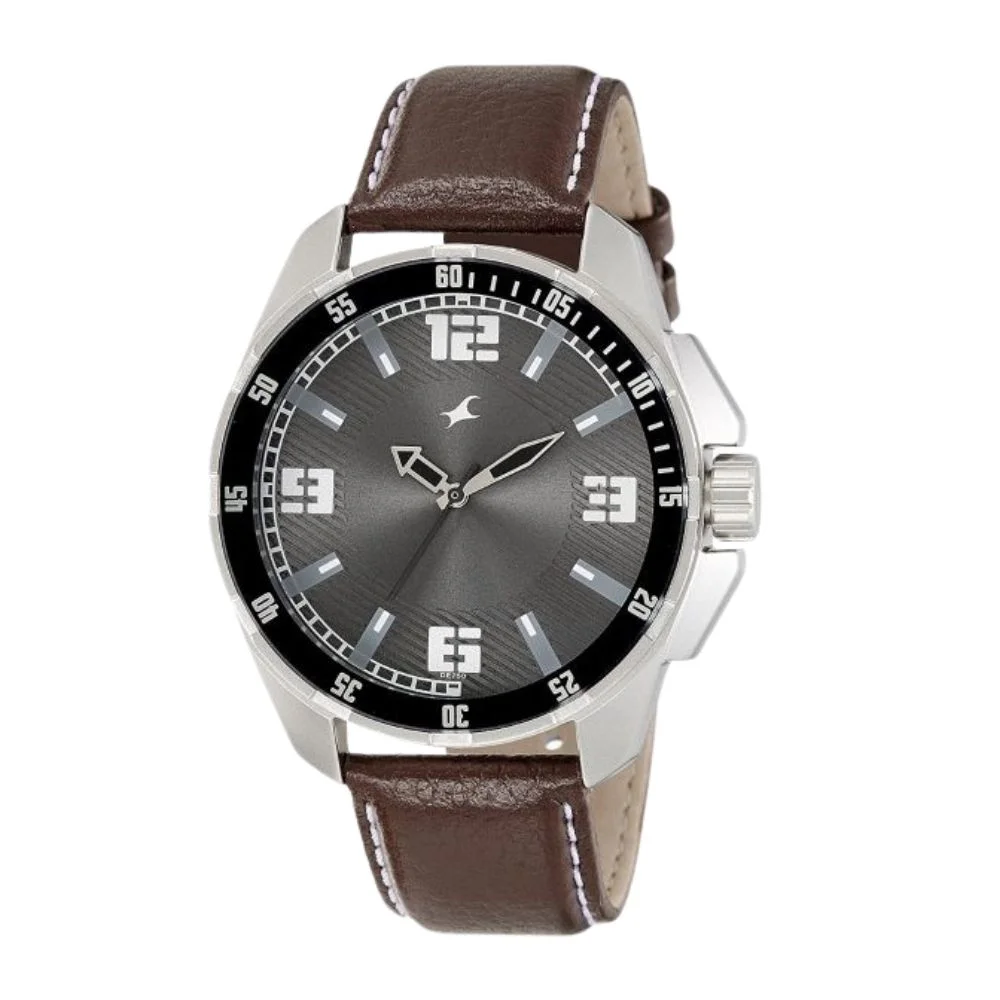 Fastrack Quartz Analog Grey Dial Leather Strap Watch (NR3084SL02)