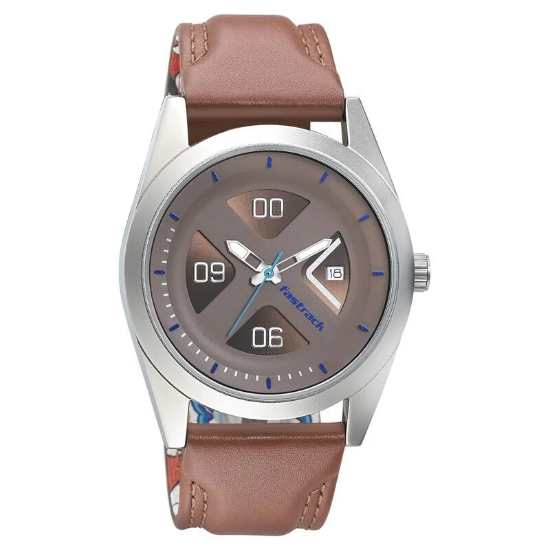 Fastrack NS3218SL01 Go Skate Quartz Analog with Date Brown Dial Leather Strap Watch for Guys