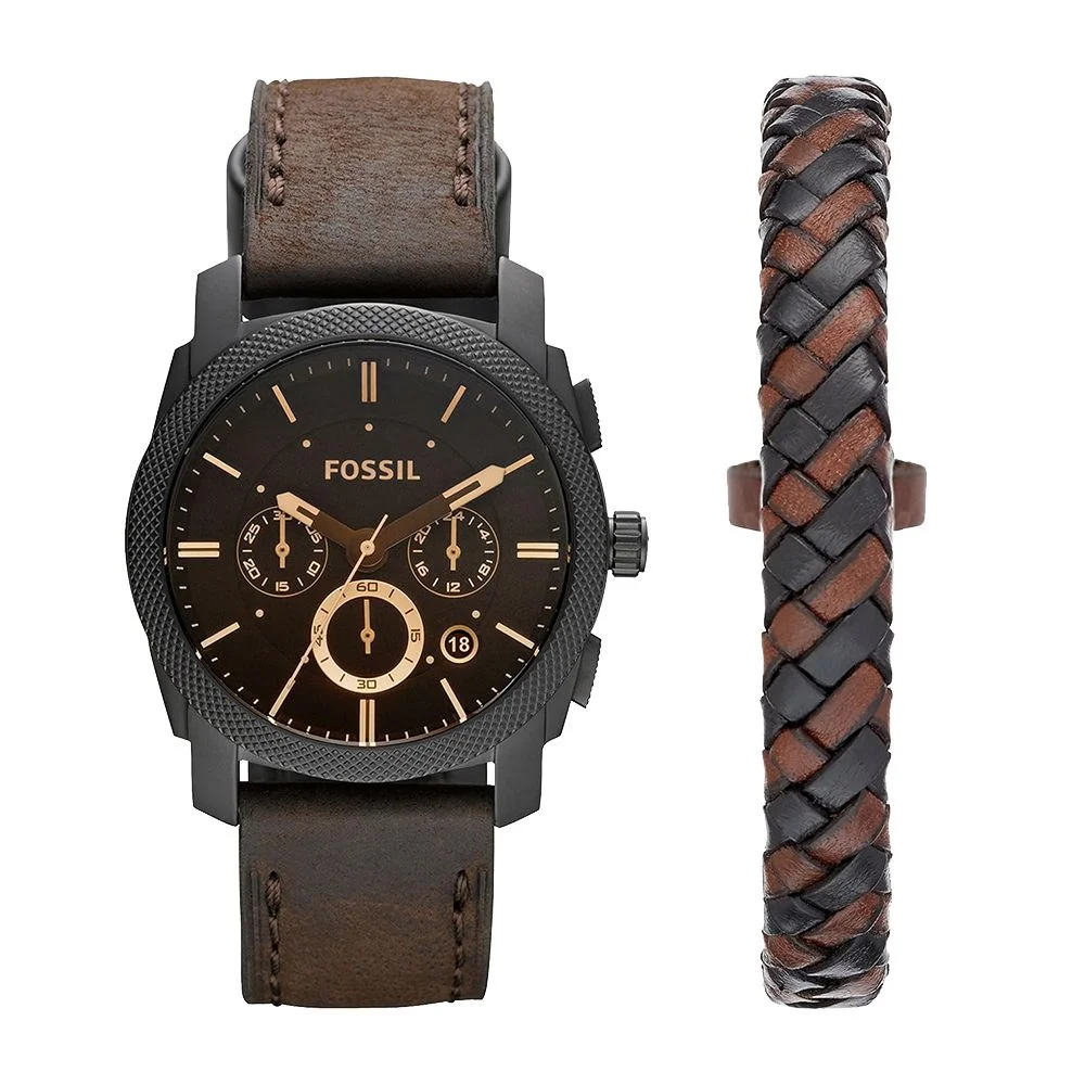 Machine Chronograph Dark Brown Leather Watch and Bracelet Box Set (FS5251SET)