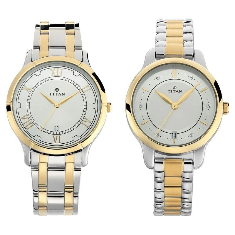 Titan Bandhan Quartz Analog with Date Silver Dial Stainless Steel Strap Watch for Couple (NS17752481BM01P)